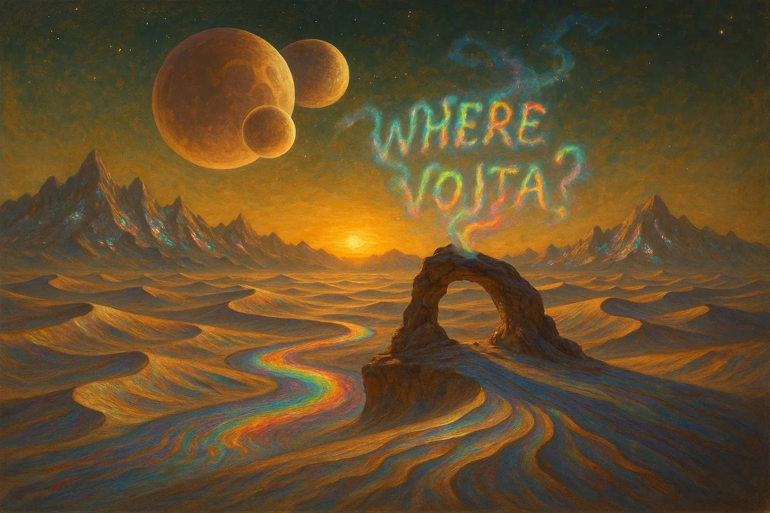 I found the arch after crossing thirty ridges that rolled like bronze waves, each one darker than the last. The sky clung to twin moons and a smaller sentinel, pinned there like an omen none of us were eager to name. Under the bruised orange glow, a river shimmered with impossible hues, as if the earth had split open to bleed rainbows instead of water. When the wind shifted, smoke curled upward from the stone span, forming letters so blatant they mocked my tired eyes: WHERE VOJTA?

Legends say the desert only speaks when the search has nearly broken you. We had no banners, no horns of victory—just this spell of color and the absurd mercy of dawn sliding up behind serrated peaks. I touched the arch expecting heat, felt only silence pulsing like a second heartbeat. No footprints lingered beyond; even the river spiraled off into exile. And so the question still flickers above empty sand: he is not here. Not yet.