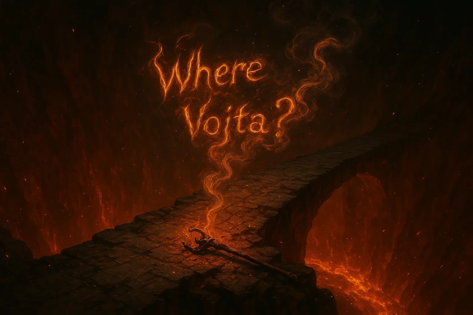 I stand on a medieval stone causeway that bridges a churning pit of molten rock, the stones black and pitted from long storms of flame. Heat presses at my face and ember-sparks skitter like frightened insects as a smoky script hangs above: Where Vojta? written in curling fire-smoke. A war-worn iron staff lies abandoned where the path narrows, its iron blistered, and the smoke seems to rise from that broken metal as if the question is born there.
I have crossed thresholds older than my memory with battle-worn hands, counting heartbeats against the blaze, yet Vojta remains unfound and the causeway keeps only this mute hint. Time blurs under the heat; steps must be quick, the air accelerating toward the gorge, and the only small proof of passage is a tiny coal caught in a crack like a stubborn star. I keep moving, manic with hunger for an answer, holding to the dreamy conviction that a threshold can be crossed twice.