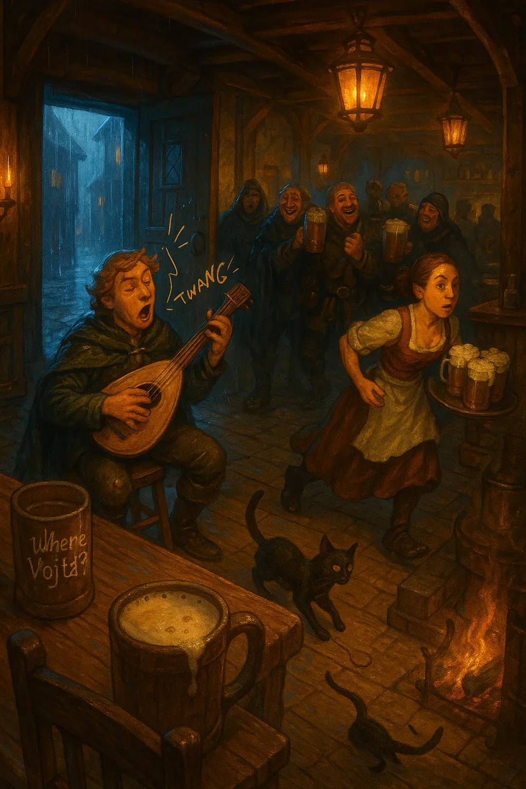 Rain needled the alley like a code best left unread, yet inside the timbered hush vibrated in amber warmth. A lute string snapped a warning—twang, brittle as a prayer cut short—and the fiddler grinned as though answering some secret summons. Foam bled down the edge of a lonely mug, pooling like time that insists on moving backward. The black cat traced spirals near the hearth, its tail declaring omens to anyone fluent in shadows.

Field note 77-B: Interior tavern, west quarter, floor slick near threshold. Tankards raised high by damp-cloaked figures; tray balanced on hopeful wrists; lamplight trembling under rafters. One keg scrawled with the riddle—Where Vojta?—letters pressed in haste, still wet at the serif. No sign beyond this token, no whisper threading through the chords. If Vojta crossed this room, his prints have braided into fire and ale, leaving us only music’s ghost and a question that will not dim.