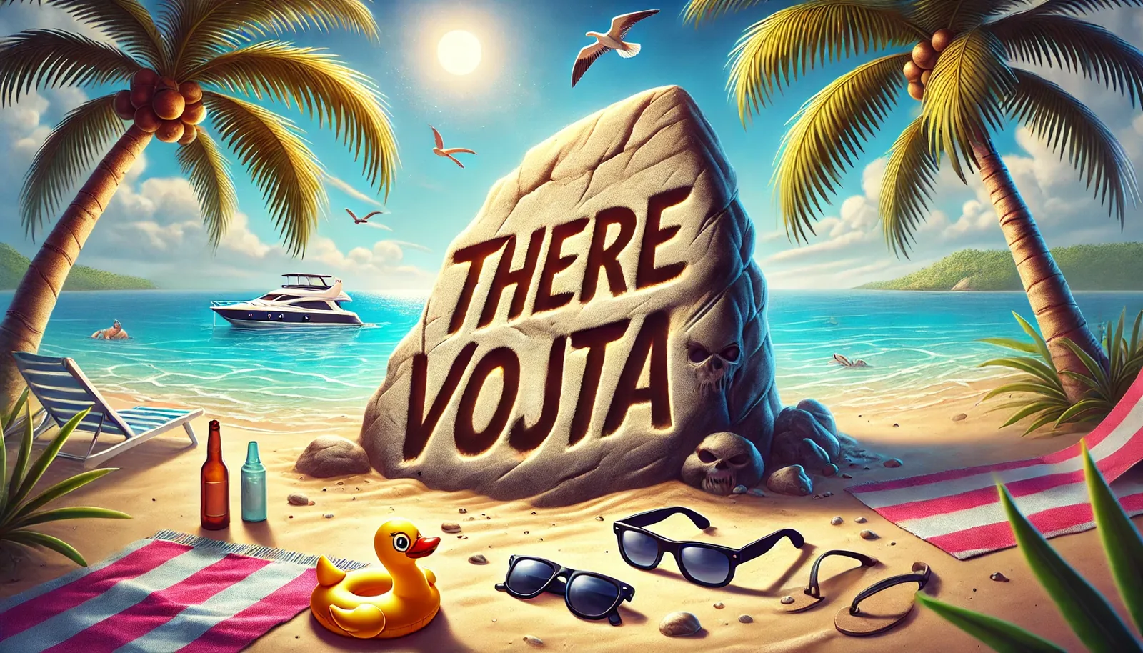 The tide hummed like low strings as the letters carved into the monolith glimmered under noon heat: THERE VOJTA. No footsteps approach, but the sand carries whispers of motion—fresh creases leading nowhere, sunglasses glinting like frozen pupils, and two bottles sweating faint halos. From the yacht adrift beyond the reef, music once spilled across the waves; now its rhythm persists only in the mind, thudding against the skull like distant drums. How many eyes watched through those hollow sockets etched in the rock? They resemble warnings, yet coax a strange assurance, as if endurance clings to these remnants: the duck ring’s bright grin, the striped towels insisting someone once laughed here.

Palm fronds flick and fuse scent of salt with something coppery, almost like memory bleeding into mist. He stayed hidden from this daylight tableau—so why mark the stone with his name? I keep asking, and the surf keeps answering in syllables that do not resolve. Vojta is still loose in the horizon’s glare.