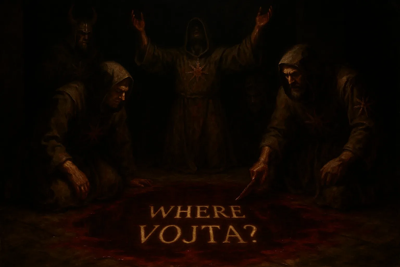 The circle thrummed like a bronze bell in a cavern, though no metal rang here—only shadows coiling around four figures bent toward a question carved in raw pigment. Someone had traced the words with obsessive certainty, each letter drinking the dim glow like embers underwater. Their robes hushed against stone, their gestures choreographed between reverence and rebuke: one knife catching the residue of some earlier devotion, another pair of hands clawing at unseen choirs above. Amid their silence, blood’s scent fused with an imagined hum, as though iron could sing when marrow surrendered.

Local murmurs long warned: “To ask in silence is to summon the hollow.” Yet this gathering chose the bolder road, shaping absence into an invocation. The phrase on the floor pulsed louder than any oath—Where Vojta?—as if the ground itself yearned through them. Nothing in their posture promised an answer. He remains an echo in the deepest hinge of the door, slipping further each time light attempts to find him.