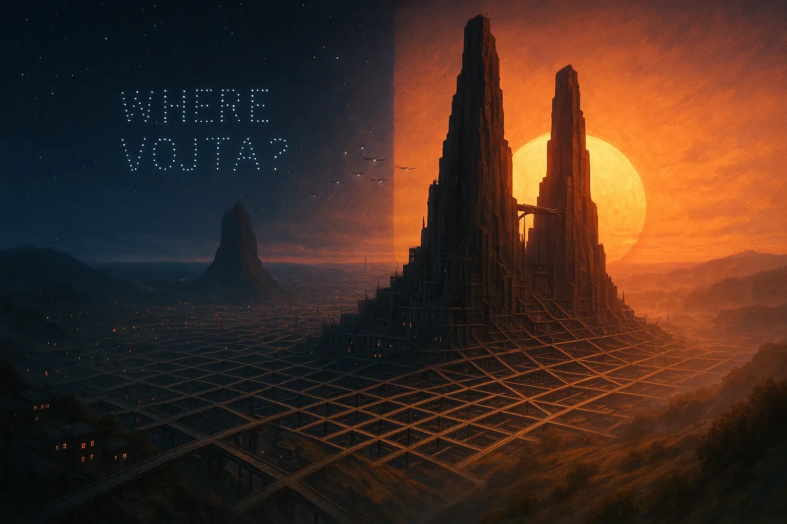 They built the grid as if the ground could confess its secrets—tier upon tier, lines crossing like old scars burned into the valley’s skin. At sunset, the towers smolder, casting vertical shadows that swallow whole districts. That pale query in the sky—WHERE VOJTA?—feels almost tender from this distance, though we once traced those letters trembling in the dark with our bare hands. I still hear his voice at the base of the scaffolds, promising the pathways would lead to an answer.
But the maze sprawled further, deeper, every corridor a fork disguised in steel and stone, and still he slipped beyond the last illuminated rung. Shapes spiral there now, birds or something older, skimming the twilight divide between heat and cold. Look closely: each unlit notch on those monoliths could cradle him, or what remains of him, yet the towers give no sign. Time pools among the crossbeams, ancient and near, and Vojta—Vojta is still not here.