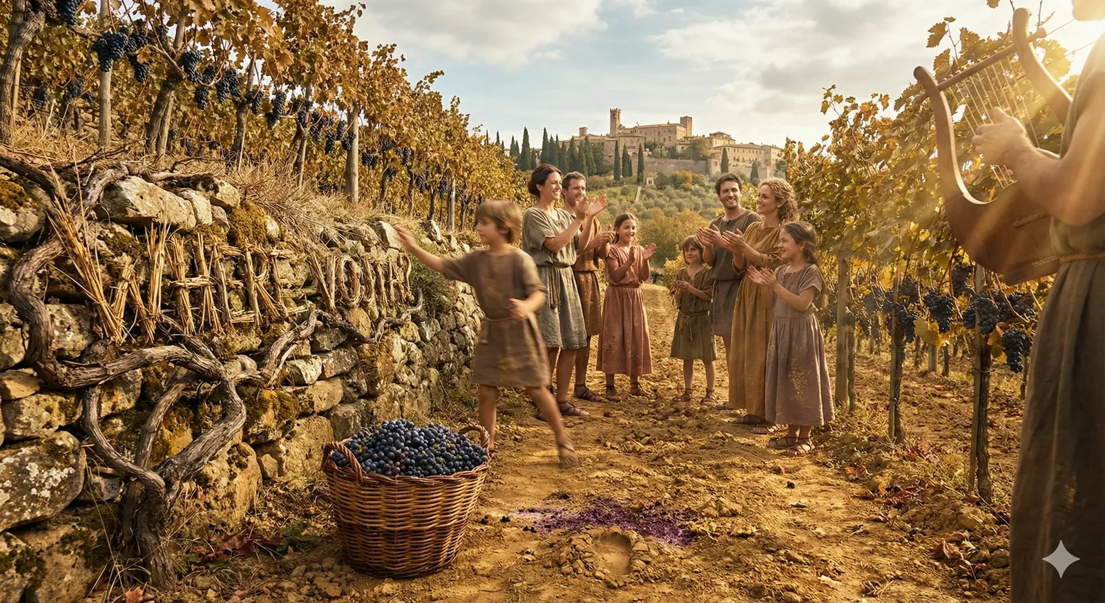Applause moves down the vine row like weather, palms meeting and parting as a small figure darts past the basket. The grapes pull the air sweet and dark; juice has already bruised the dust into purple. Stone walls hold their cool, stitched with roots that remember hands before these. Beyond, a hill town watches from a remove, square and patient, as if counting seasons rather than people.
I stand as an outsider to the cadence, noting how the rhythm closes ranks around the task. Music comes from strings lifted at the edge, a simple strum to set pace, and the clapping answers it like a ritual learned from soil. There’s a proverb locals whisper when the harvest runs late—that what leaves with the carts circles back as song. Yet someone hasn’t returned this round. The name follows the row, faint as fermenting skins. The basket fills, the day loops, and the search presses on, because Vojta hasn’t appeared.
