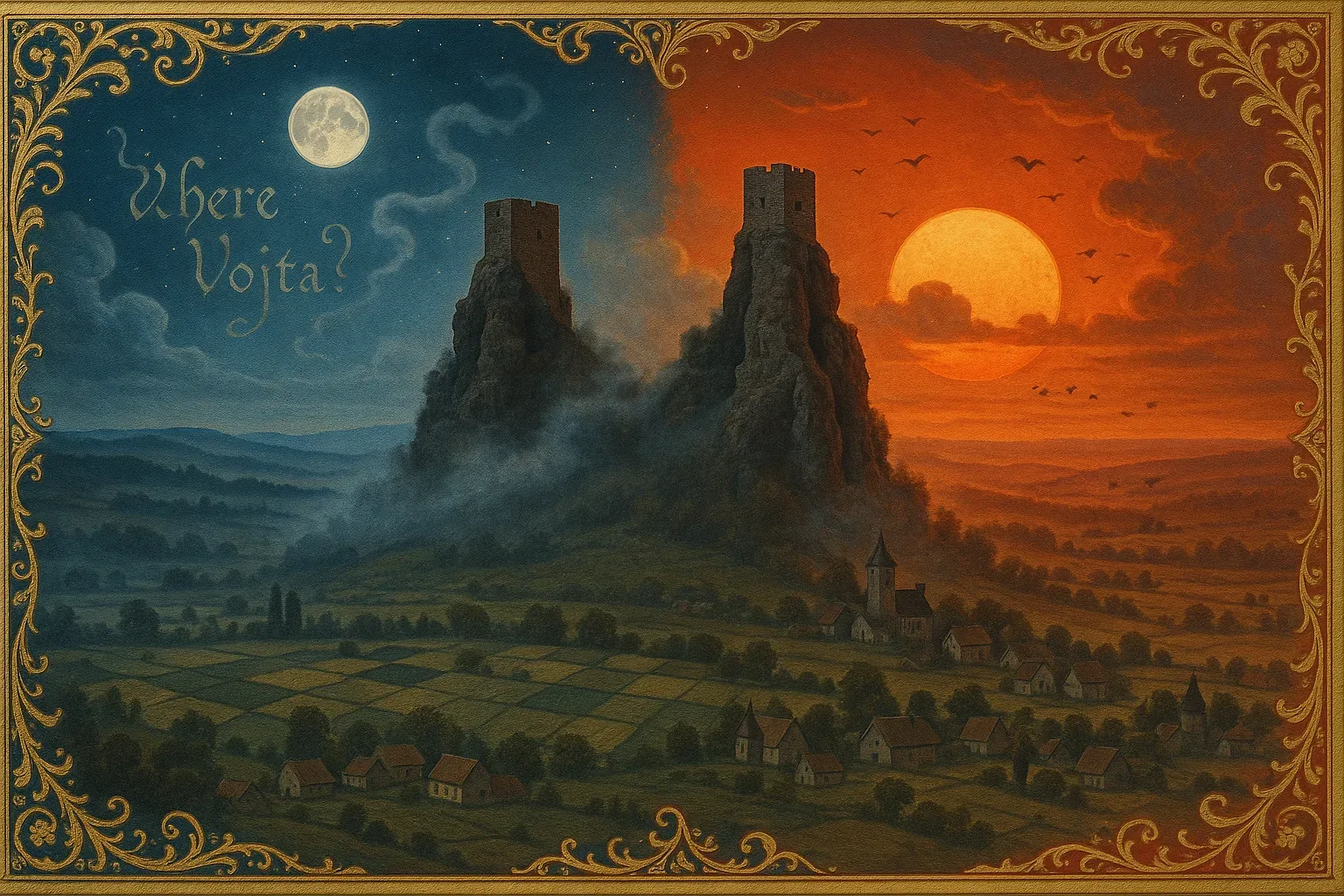 Smoke curls like bruised breath between the twin towers, one gnawing the dim blue of night, the other swallowing an ember sun. I stood where fields break into squares of muted green and ash, hearing silence turn metallic, tasting dust that hummed like distant bells. The border wasn’t drawn; it bled, dragging us sideways through split hours, a sky full of birds stitching frantic loops overhead.

I remember running—dropping satchels, counting windows, scouring the spire shadows, breathing in scorched sweetness from cider cellars now hollow. It felt like time unbuttoned itself, day retreating into dusk while night advanced in tatters. We read the single question etched into the ornate frame—*Where Vojta?*—and all the warmth of the valley shrank behind those words. He slipped before either sun could settle; no one has seen where the halves of him fell.