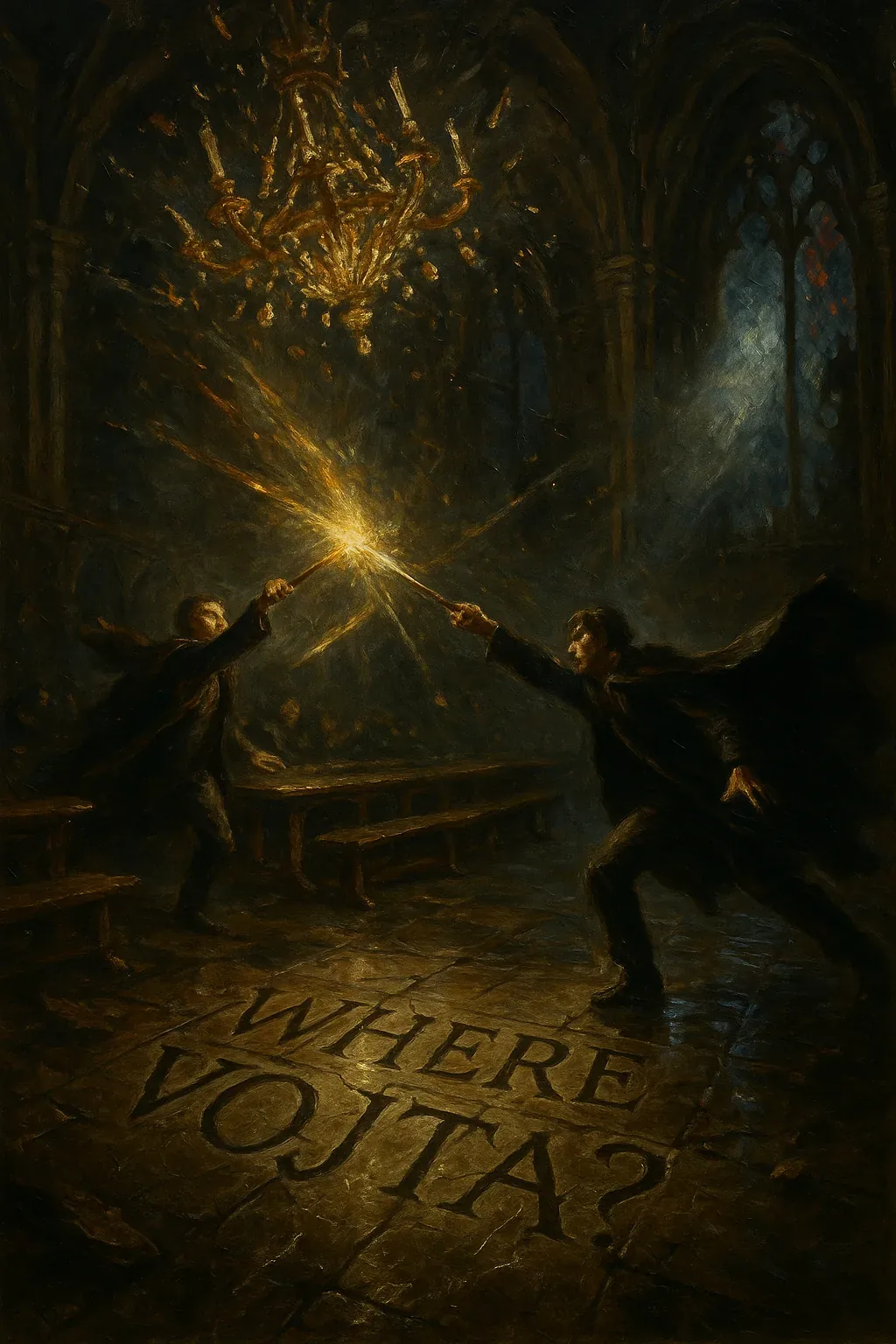 Report fragment #31 notes: stone floor slick as ink, candlelight clinging to vaulting ribs, a clash frozen mid-arc like someone paused the very air. Two figures—caped, taut, pulling light from slender rods—locked in fiery standoff beneath a chandelier that sheds embers rather than wax. Shadows flick like pulsebeat murmurs across the benches, carved wood waiting for voices that never rise.

At a glance, it feels safe, yet the silence dares you deeper. The letters gouged into the flagstone read WHERE VOJTA?, asking more than anyone in that room could answer. Whoever scrawled it must have carried dread in trembling hands. Dust spirals hang, haloed by stray gleam, and you think: maybe if you stop blinking, you'll see him surface from the light. But the spark only stretches, suspended in cathedral hush. Vojta’s trace remains unspoken, his absence stitched into every flare.