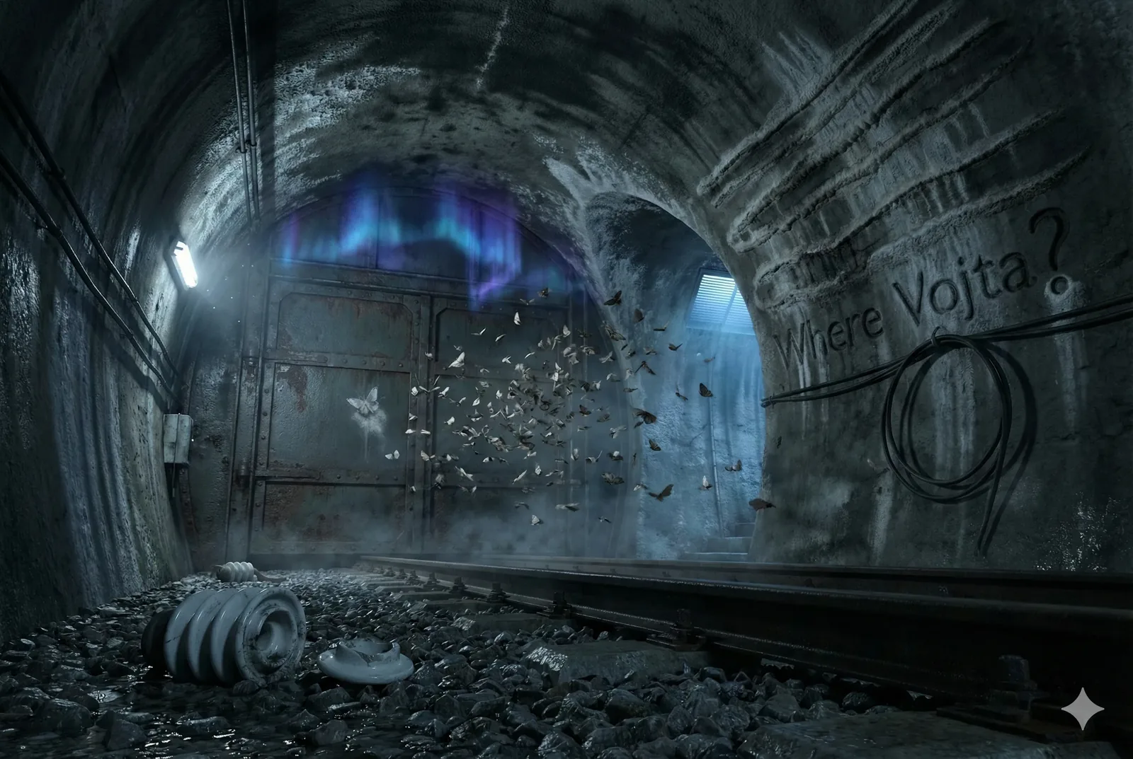 The rush happens before the searchers arrive: a blur of wings, pale as ash, exploding from the seam of a sealed door. They scatter down the rail bed, nervous dust catching the flicker of a failing tube light. The tunnel breathes cold vapor; stone ribs sweat and carry a faint bite of ozone and old iron. Someone dropped a bulb here—its spiral shell lies cracked among the ballast—yet the scatter feels deliberate, as if a signal tripped and released what hid behind rust.
Rumor stitches the rest together. Graffiti angles along the curve of the wall—Where Vojta?—scratched deep enough to scar the concrete, not meant for passing trains but for those who hesitate. The proverb haunts locals: follow the moths and lose the time you thought you had. Tracks guide the eye toward an exit that never quite arrives; cables loop like restraints beside it. A bruise of blue light shivers on the ceiling, then thins to smoke. When the wings settle, nothing follows. The door stays shut. Vojta remains unaccounted for.