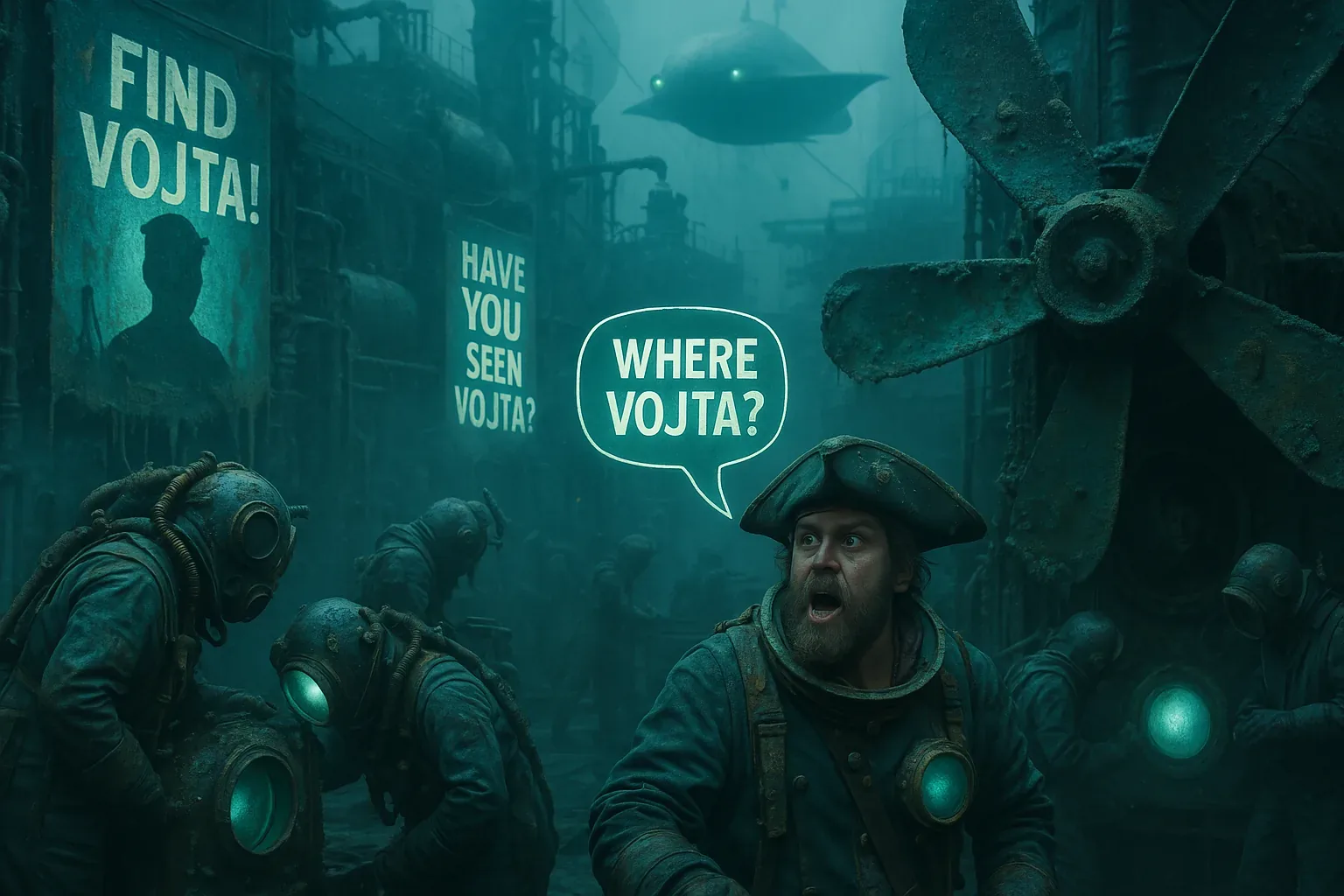 They had frozen the gears long ago, yet the air still murmured with a turbine’s ghost-hum, as if the machines resented the quiet. Banners clung like barnacles to the corroded walls: *Find Vojta*, *Have You Seen Vojta?* Their pale glow flickered, cycling on some long-forgotten timer, a heartbeat for a city that no longer breathes. The divers bent in ritual arcs, polishing lenses that led nowhere, as though clarity itself might lure him back. 

Above them drifted a leviathan shape, its lantern eyes scanning the avenues like an unseen chaperone that whispers behind glass. Did it mark their progress, or feed on it? Every clang rang like scripture against the metal bones of the past, and still the single question swam between them: *Where is Vojta?* In these underwater canyons, even answers rust. We keep listening, because silence might be his most dangerous disguise.