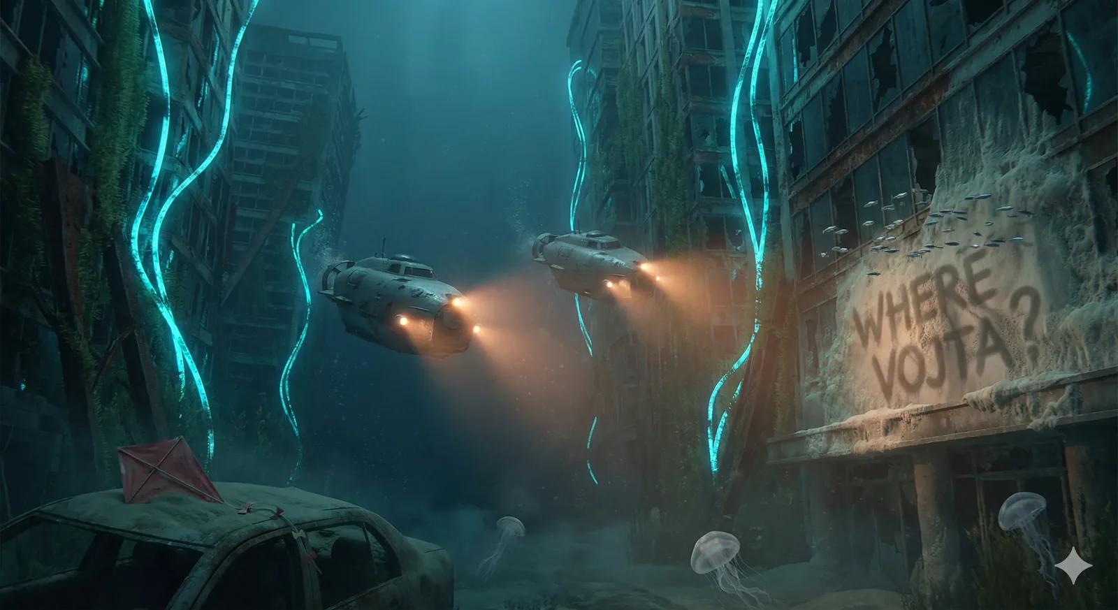 The engines hum low, not as a roar but a held breath, and two small craft shoulder through what used to be a street. Their lights carve cones in the green-blue haze, catching flakes that never quite settle. Buildings lean inward, ribs exposed, windows punched out, their faces stitched by glowing cables like relic veins. Seaweed clutches the concrete with the stubbornness of pilgrims gripping rosaries, refusing to let go. The pilots keep level, bodies braced against invisible currents, wrists steady on controls as if posture alone could keep history from closing in.
On the right, the question survives where names do not. WHERE VOJTA? sprayed into sediment, letters softened, accusing even underwater. No crowd answers. Only jellyfish drift past like punctuation marks, and a collapsed car rests nose-down in silt, still mid-commute. A proverb surfaces here among divers: the sea remembers what the city forgets. Searchlights linger, then move on. The corridor swallows the sound again. Vojta does not surface; the inquiry sinks with him, unresolved.