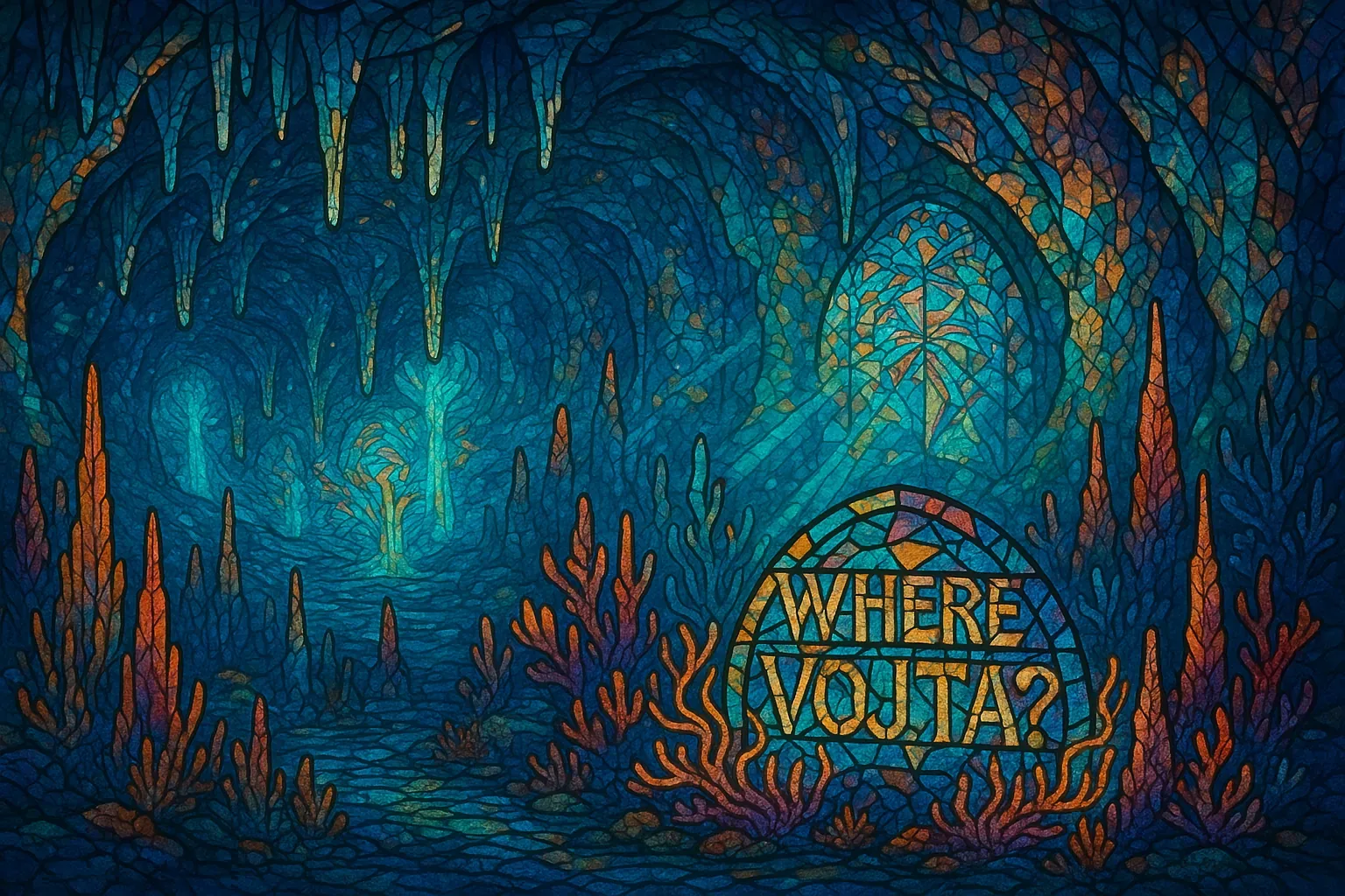 Light fractures as if dancing, spilling across stone mosaics and orange spires mid-rise, and everything hums like a lungful of twilight ocean trapped underground. The stalactites lean down as if to listen while pale turquoise veins whisper along the cavern walls, mapping some secret choreography that could almost explain why the arch of glass holds a single urgent phrase: *Where Vojta?*
This scene doesn’t simmer in silence; it stirs. Look closer and the glow feels kinetic, like minutes before something breaks free. Whoever pressed those letters into stained tesserae knew transformation requires patience. Off in the distance, a corridor spirals away—its surface rippling like heat mirage though the air is cool. Maybe Vojta stepped through that bend chasing whatever dream glossed these colors into permanence. We have the emblem, the coral-shape guardians, even the glittering window hinting at life beyond—but no footprints last in this brittle shimmer. For now, the search glows brighter, and Vojta remains unseen.