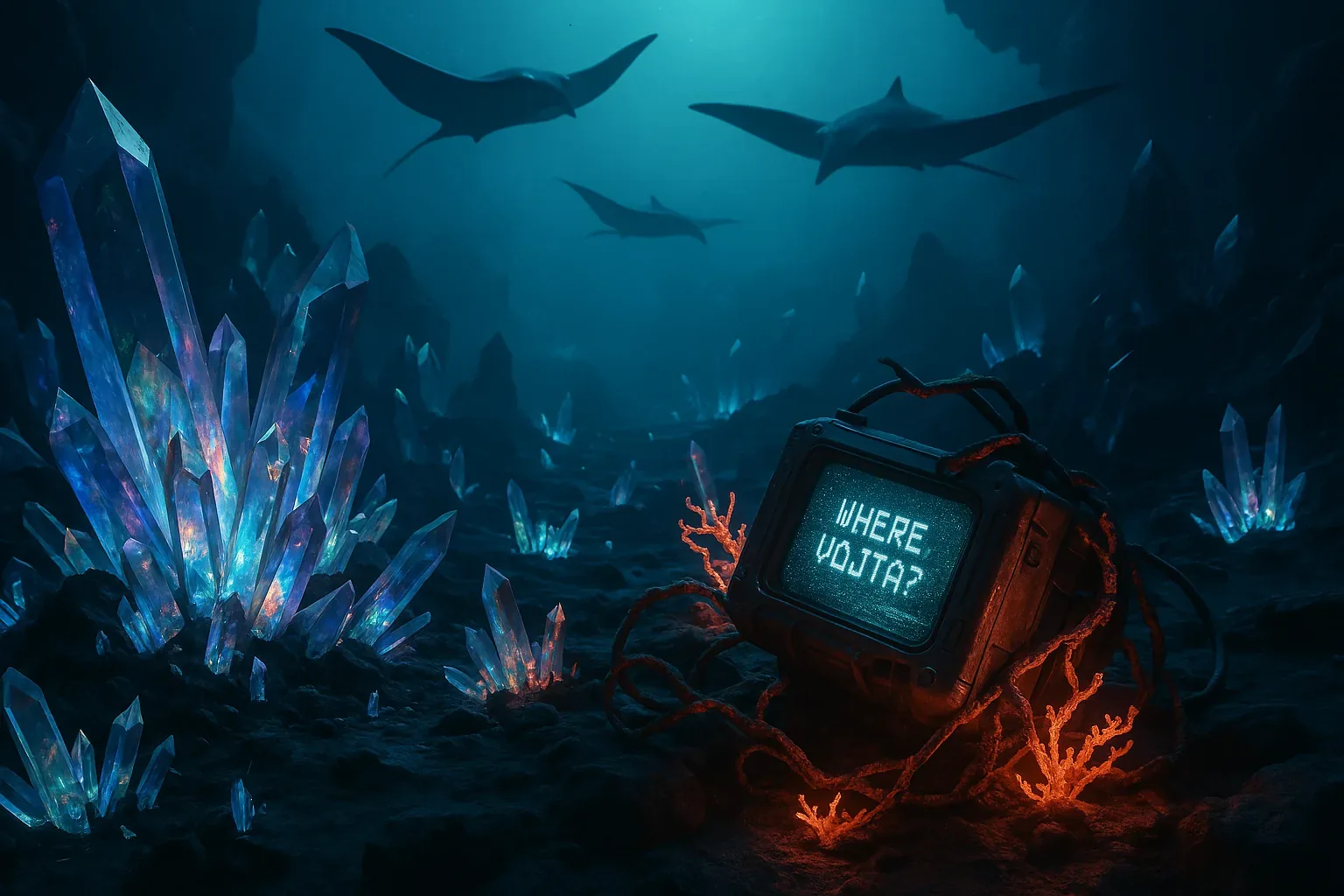 They lowered the relic into the abyss while their voices softened to whispers, each syllable meant to soothe the currents. The crystals flared under the dim teal expanse, shimmering like brittle psalms, and the stray ember glow of coral crowned the forgotten console as if it were anointed. Its screen pulsed the words they dared not speak aloud—WHERE VOJTA?—a question blooming like a wound amid the dark terrain.

Above, the leviathan shadows glided in stern procession, guardians or judges, their wings cutting scripture through blue. Those who watched from a distance claimed this was no search but a vow renewed, enacted in the manner of an old covenant: cables coiling, light bending, stones bearing iridescent testimony. Yet behind the solemn choreography hung the truth none could smother—Vojta’s trace was still vapor, and in that endless fathom, his absence deepened like a tide that would never turn.