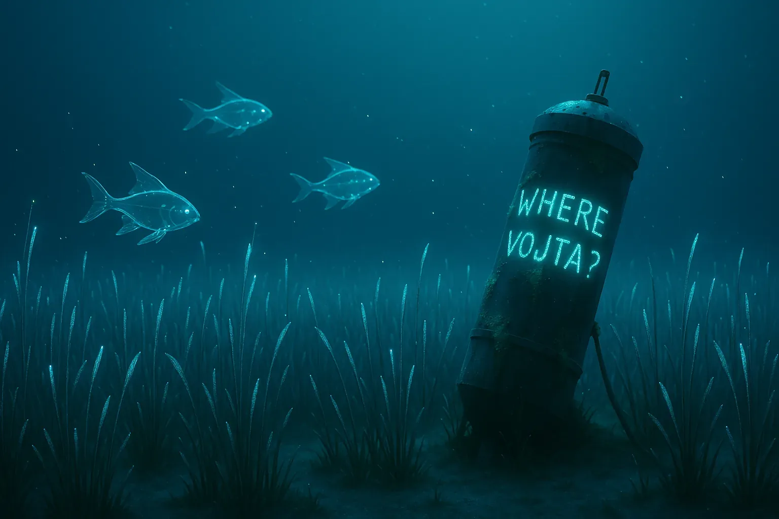 The canister leans like a tired preacher in its own cathedral of silt, words searing in an unwavering glow: WHERE VOJTA? Salt-furred straps and barnacled seams drag the breath from its iron skin. Every blade of grass stands erect, an unblinking choir under this cold hymnal of light. Three spectral fish drift in procession, their scales sharp with refracted shards, their silence keener than bells tolling above.
Some claim it was lowered during the fevered war years, when faith chained itself to steel. Others imagine a later ritual, a vow etched in phosphor by hands that didn’t trust the surface world. No bubbles rise now—time halts, entombing the plea. One diver swore he touched its flank and felt heat, as though the prayer inside still smoldered. He broke away and would not descend again. Vojta remains a name clutched in the deep, unanswered, unwavering, nowhere found.