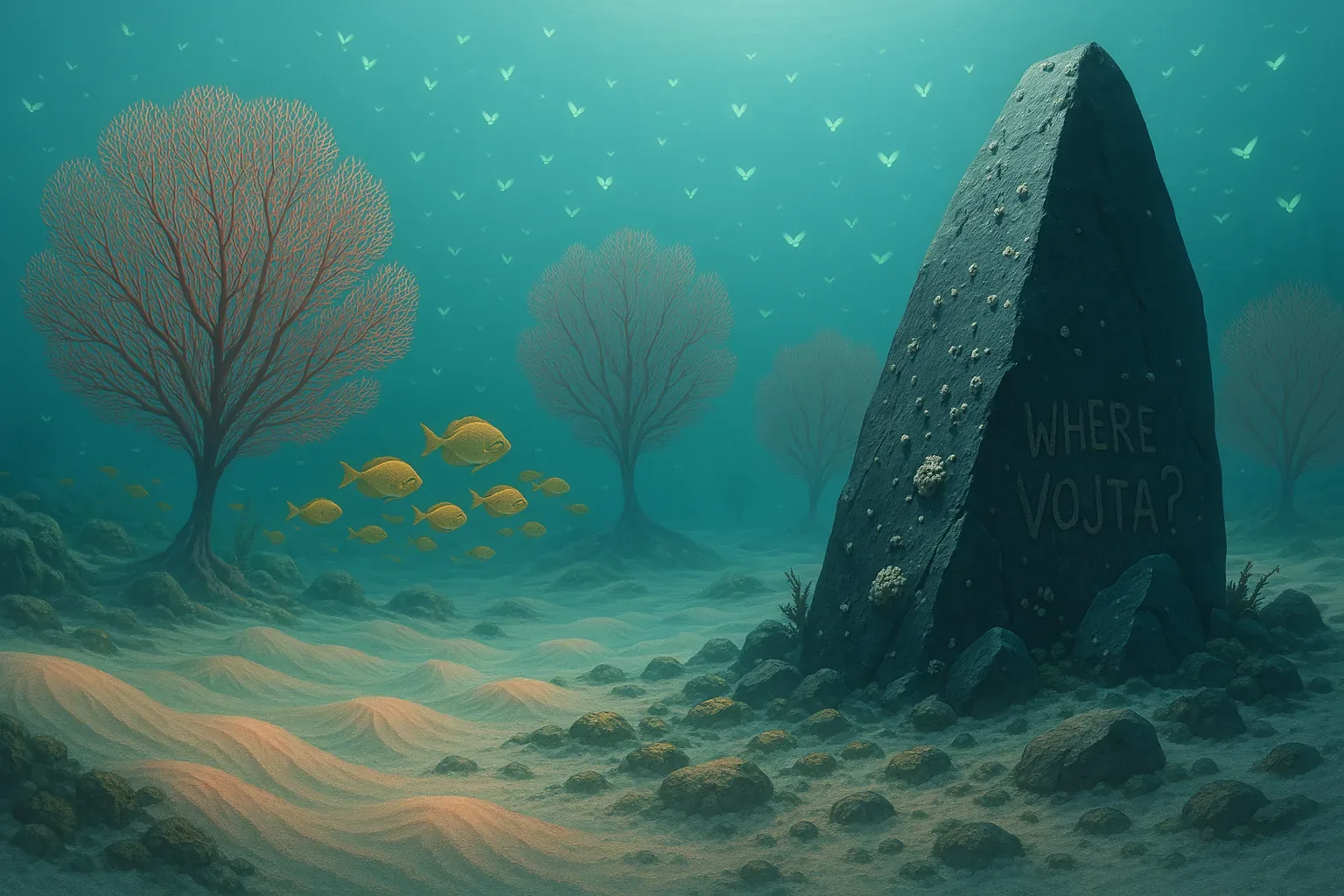 Entry 7-B, logged when the light fractured into teal shards: the seafloor undulates as if breathing, its ridges looping away like dormant memories. A column of dark stone interrupts the rhythm, leaning slightly forward as though confessing to the coral fans circling in hushed witness. The question carved into it—WHERE VOJTA?—reads less like a plea and more like an indictment left for tides to decrypt. Schools of gold-sided fish slip past the monolith without hesitation, their motion too precise, like signals in a code we refuse to admit we’ve forgotten.

Beyond, silhouettes of branching trees tremble under the weight of motionless water, a garden of stillness threaded with distant flickers that resemble migrating glyphs. Every detail insists on intention, yet the author remains unmet, obscured in a pressure deeper than absence. We waited for the figure to rise in the current, to speak through the grooves in the stone. No shift came. Vojta remains unaccounted for, and the question continues to echo without sound.