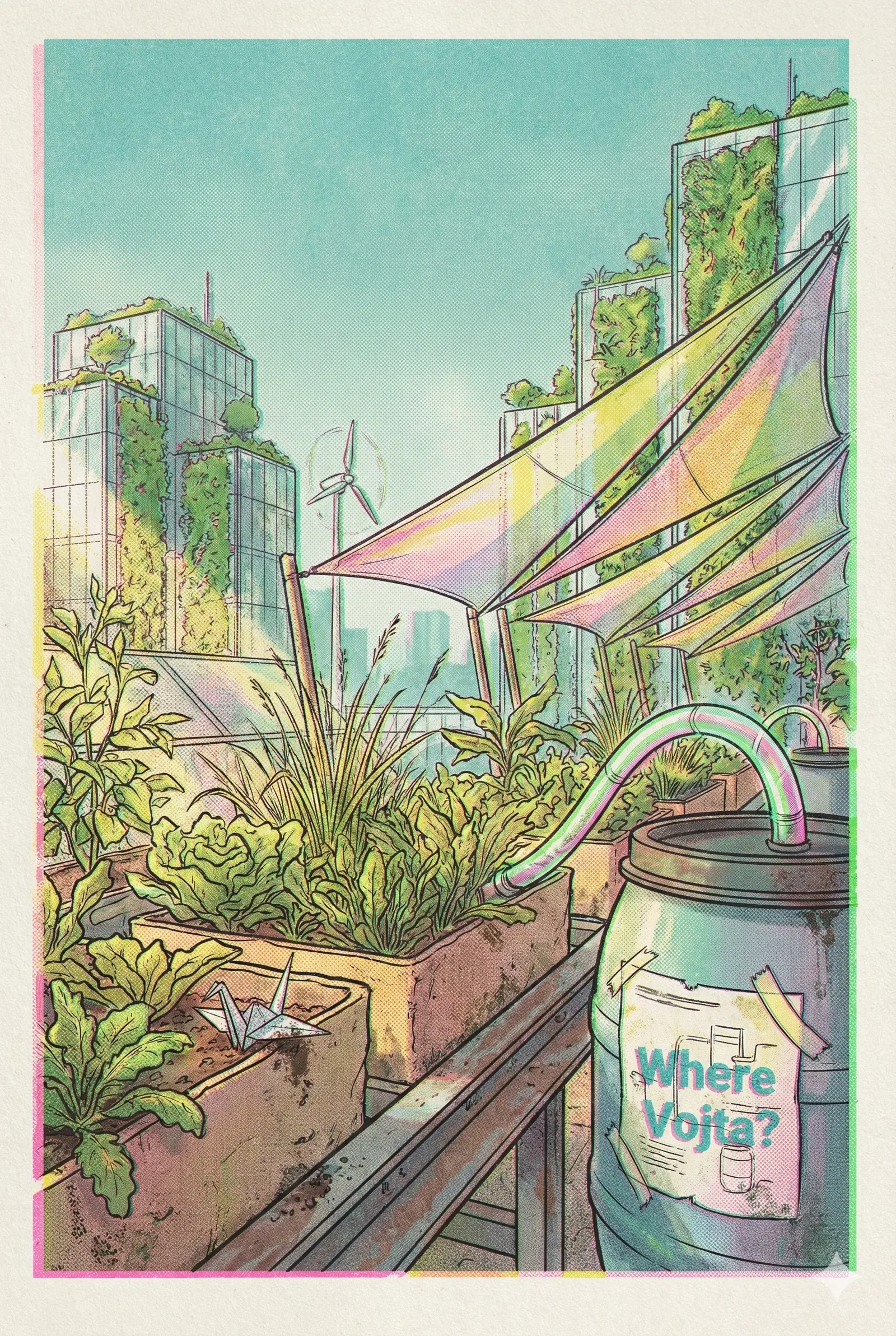 Breezes flick through the canvas shades, stirring rainbow shivers that slide over the planters like a coded signal only our small circle still recognizes. I drift along the narrow walkway, feeling the metal’s warm pulse under my soles and hearing Kornelia behind me, insisting we check the irrigation drums again. She favors the analytic path, counting droplets, tracing hoses; I chase intuition, following the origami crane left in the lettuce as if it carries Vojta’s breath folded inside each crease. Between us, the rooftop slows to a gentle whirl, a ritual looping back to the day he vanished among these towers. 

Sunlit vines claw upward in their endless spiral, echoing our own repeated passes through this green refuge. Even the distant turbines rotate in steady cycles, reminding me how the city keeps turning whether we find him or not. I press my palm to the drum’s cool flank, right where the taped sign murmurs its question. The moment feels intimate, almost celebratory in its fragile hope, yet the center of our search stays hollow. Vojta remains unseen, still pulled away from us.