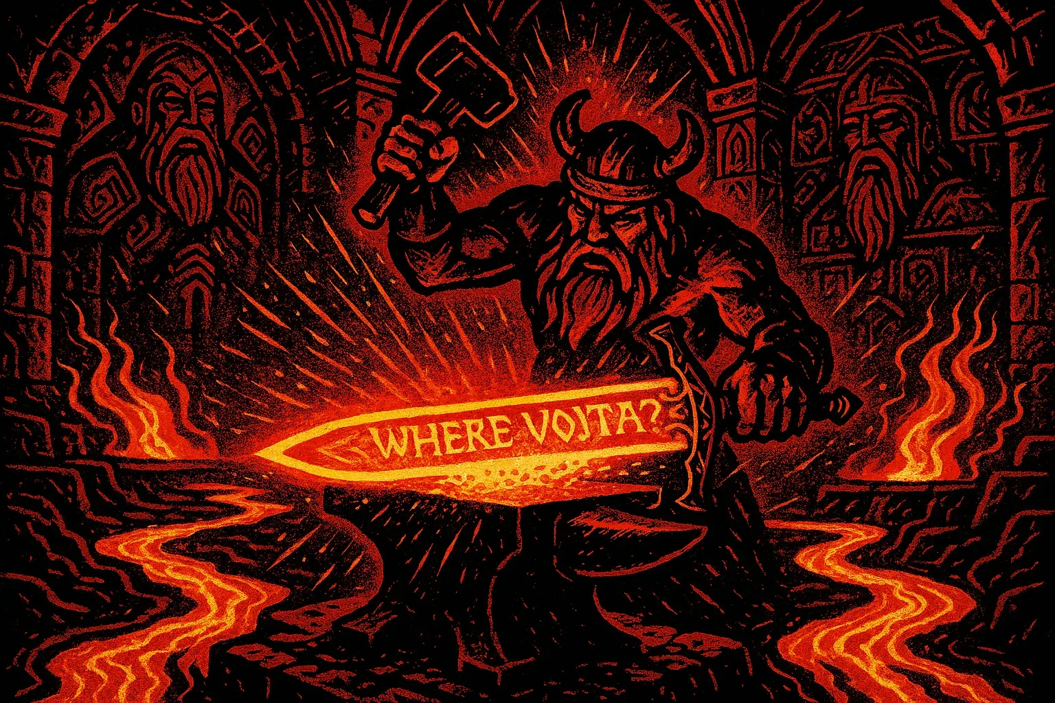 A horned smith hammers a glowing blade on an anvil in a cavern lit by rivers of molten orange. Sparks and searing light carve the words WHERE VOJTA? into the steel, the question steaming like a sign above the forge. Stone faces in the arches watch in carved silence, their stern features turning every blow into testimony.

The hammer strikes fall in a measured, accelerating rhythm, a counted urgency that pushes molten metal toward meaning. No answer rises from the flames or the shadowed corners; Vojta remains unfound, and the forged question holds firm. The light feels numinous and skeptical at once, a bound promise of discovery tempered by doubt as the smith keeps working.