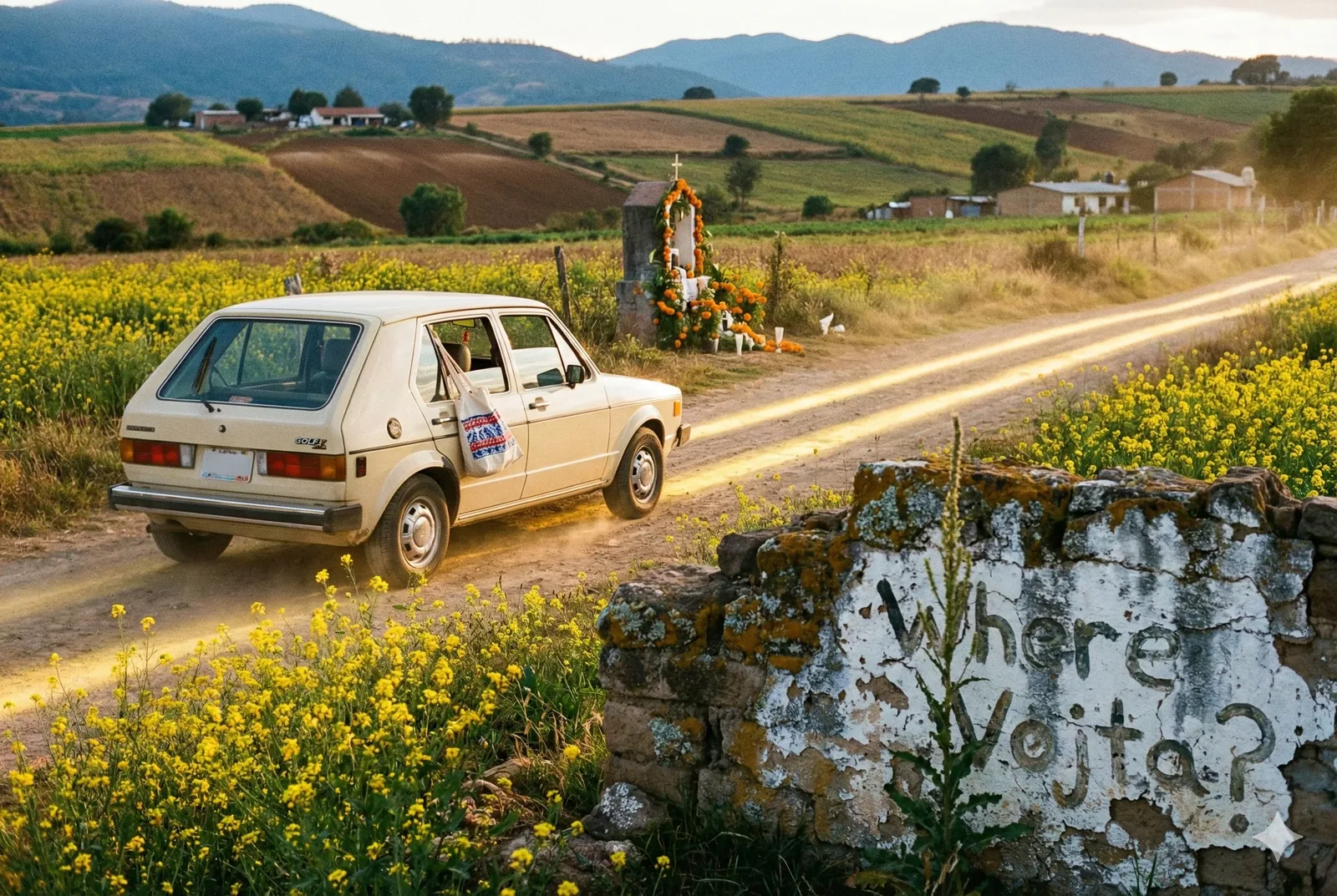 The car lifts grit into the air and refuses to hurry, a square old hatchback wobbling down a farm track hemmed by yellow flowers that hum with insects and memory. Someone hung a plastic grocery bag from the window, as if even the wind deserved a receipt. Off to the side, a roadside shrine blazes with marigolds and a small cross, the sort of station my grandmother would tap twice for protection before lighting a cigarette. I remember a different turnoff years earlier, a rusted sign and a promise that Vojta would scout ahead while we argued maps. That decision still clicks in my jaws.
The hills settle into themselves under evening light, not quite night but already refusing answers. The wall in the foreground bears the raw question—Where Vojta?—scratched into flaking paint like a dare left for the next passerby with fuel to burn. The scene keeps its balance between motion and pause, the engine ticking, the shrine staring back, and the search grinding on, unresolved, with Vojta still unaccounted for.