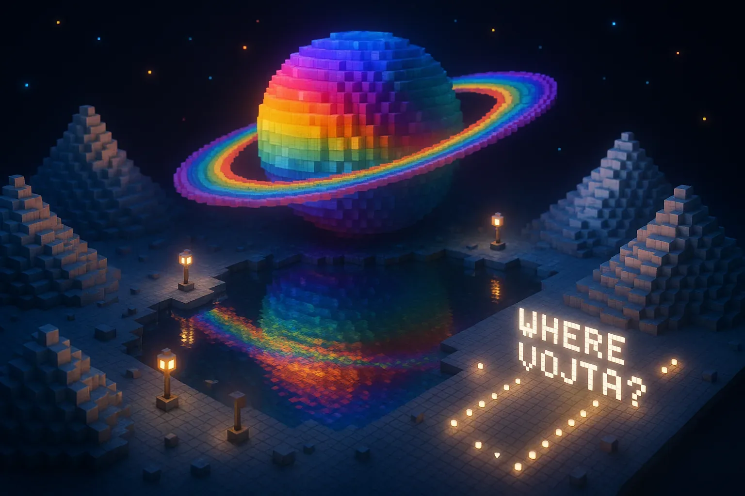 Report fragment: perimeter secure, lamps aligned at exact intervals, reflection stable. Pyramid stacks form perfect symmetry, yet the pool keeps whispering that the orbit rewound three clicks earlier. Someone tampered with colors—every brick now pulses in layered spectra, spinning like ordered rebellion beneath the stars. 

I stood guard when the glyphs sparked: WHERE VOJTA? Not a question honed for strangers, but a challenge burning through overnight watch. They arranged those cubes with the precision of an oath. Lantern glow carved shadows into diamond patterns that looked almost sentient, waiting for his return. Data shows no footsteps beyond the rim, no breach except that shimmering ring curling back like a serpentine loop. We hold this vault against stillness, recalculating backward, frame by frame. Vojta hasn’t surfaced in the reflection; the orbit hums, hypnotic, and the missing stays unresolved.