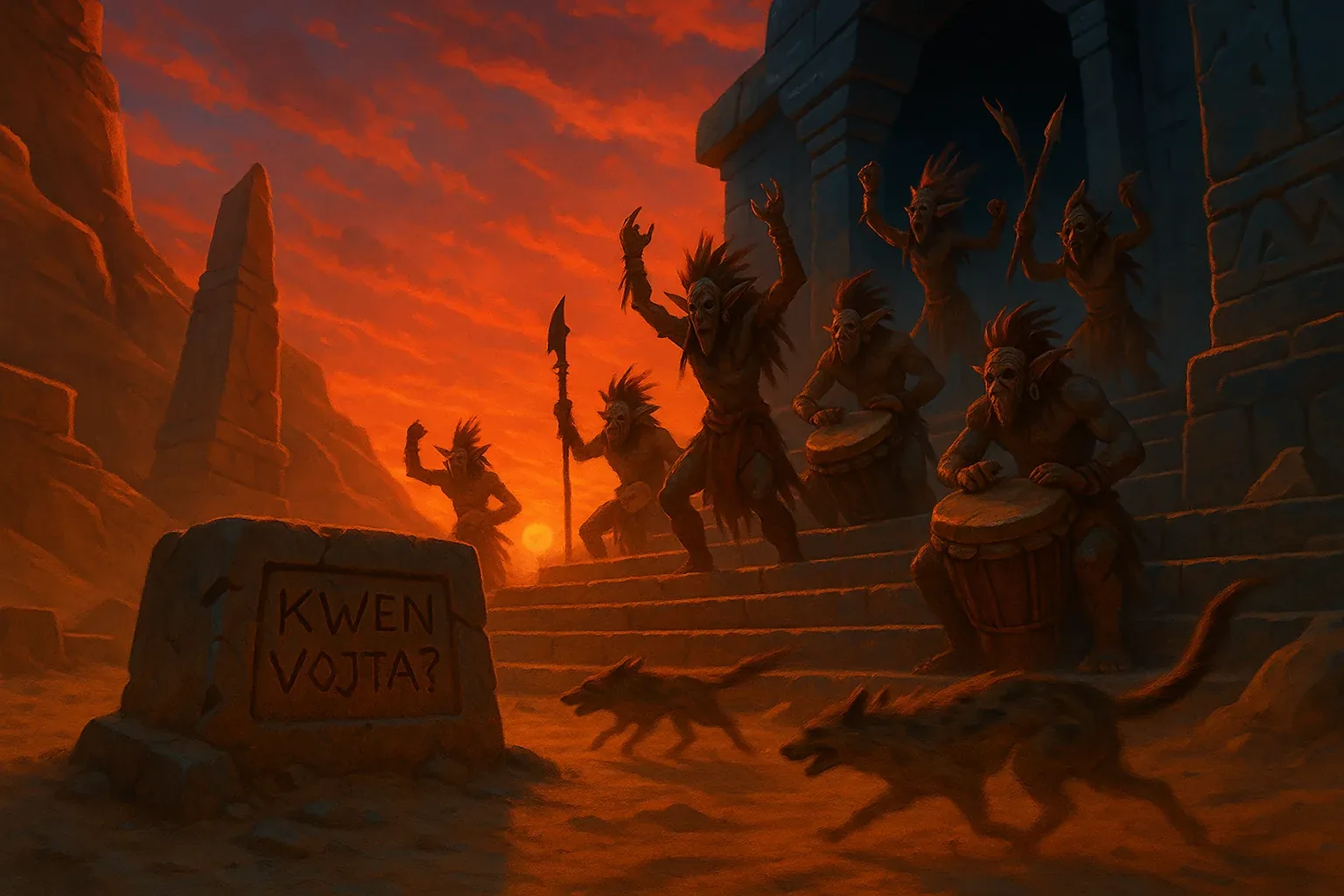 Torches guttered low as the crimson sky pressed against the valley’s stone flanks, and on those dust-risen steps the guardians pounded their drums like iron hearts calling for judgment. Each beat leapt across centuries, shaking loose fragments of a vow first struck when these pillars were young. Masks carved into feral grimaces stared outward, their shadows writhing along the temple mouth as if to seal whatever power had once whispered from its throat.

Hyenas zigzagged through ringing echoes, muscle taut with some shared purpose older than memory. In the foreground, the chiseled slab bore a plea no wind could erode: *KWEN Vojta?* The words hissed like a challenge, a ritual query etched to anchor duty in place. There are whispers that the proverb holds—“The one who guards the name guards the world”—yet even under this avalanche of sound and sunset flame, no trace of Vojta coils from the silence he abandoned. His absence stretches long, coiling deeper than the chasm’s roots.