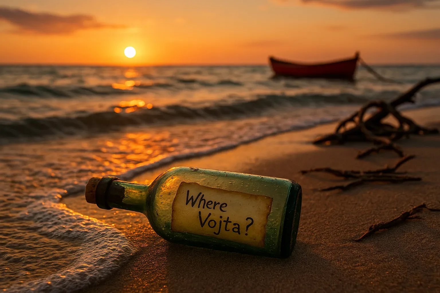 The sea hurled it ashore like a dare—green glass breathing salt and sunset fire. A single slip of paper stared back, blunt and unrepentant: *Where Vojta?* I swear the words hummed as the foam hissed, vowels tasting of brine and burnt orange sky. Someone wanted this found, right at the stubborn bend of twilight.
Behind me, that idle red boat rocked as if shaking its head at the rules we broke. “He said he’d row back before the sun fell,” I muttered, heart pushing faster than the waves. Now every clock in the horizon feels like it’s sprinting. The scent of driftwood tangles with memory; shadows lengthen, shapes shifting into warnings. Whoever Vojta was an hour ago, he’s someone else by now. The bottle only confirms what the tide keeps whispering: he’s still gone, and the search is mercilessly alive.