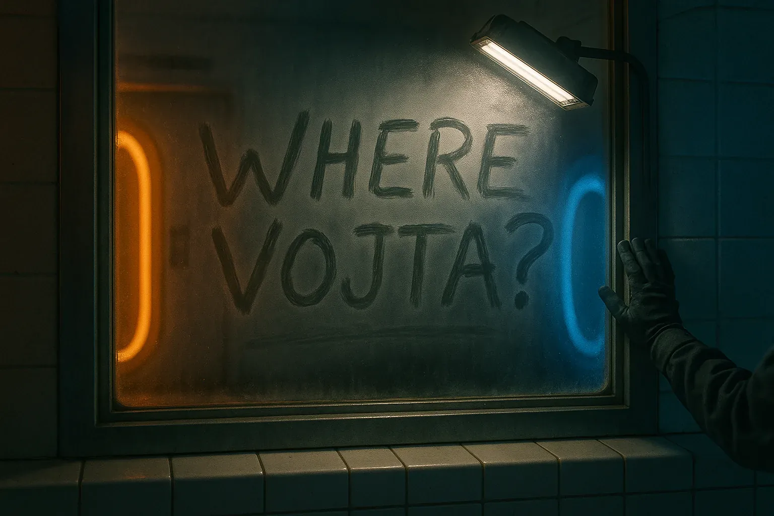 He pressed his gloved palm to the glass as if sealing a vow. The misted pane bore a single question, bold and trembling in the dim glow: WHERE VOJTA? Two rival halos—one amber, one cobalt—flared beyond the fogged partition, bending like twin beacons in a land where walls still breathe memory. They threw their hues into the sterile tiles, igniting a sudden euphoria that tasted like survival.
I swore I heard him laugh once, echoing in these ceramic corridors long after the old world folded in on itself. Now silence crouches, but light keeps arguing, promising the dark will never fully win. Someone dragged that lamp closer, a wounded sentinel trying to sanctify this query before fleeing. Maybe it was him; maybe another believer. Either way, the message thrums like midnight prayer: he eludes us still, dancing somewhere past this pane, and we will not cease until Vojta answers the call.