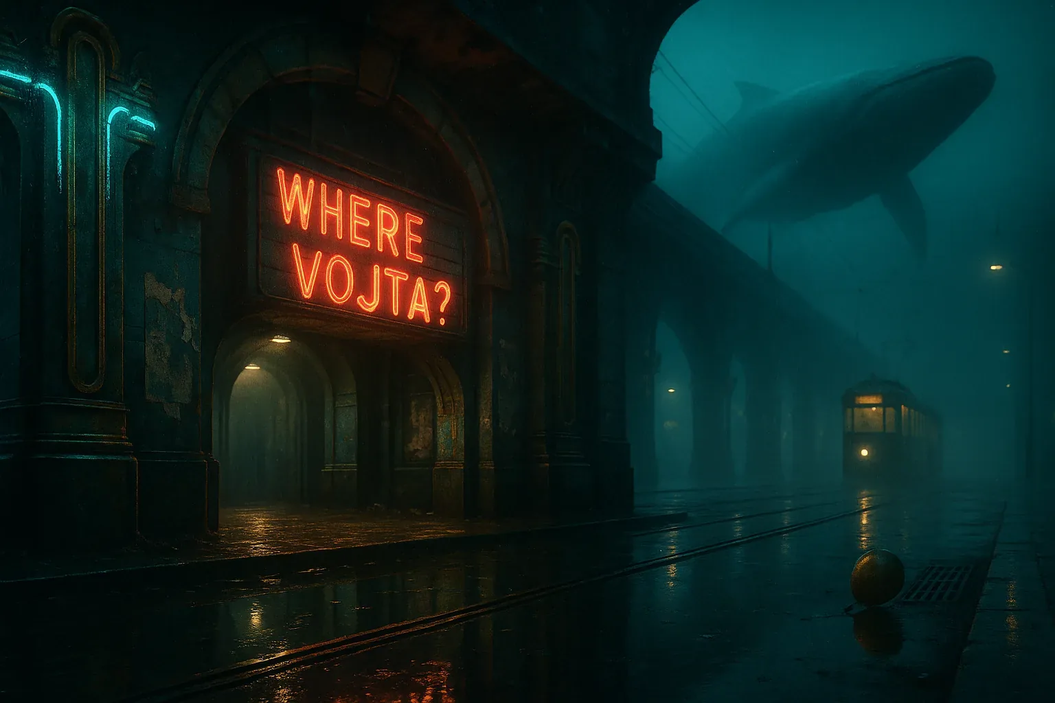 Rain slicked every stone as the sign began to pulse, its scarlet letters whispering that private question across the drowned corridor: WHERE VOJTA? The glow bled onto rusted pillars like some votive flame, and beyond the arches, a streetcar crawled forward in hesitant jerks, its beacon quivering through fog heavy as breath inside a sealed chapel. Overhead, a whale drifted silently, impossibly, like the dream of a god rewinding its own memory. Was this procession his offering, or ours?

Some say Vojta orchestrated this reversal—the tide in the sky, the slow hymn of steel over rails—before vanishing past that arcade mouth. The golden orb abandoned near the drain wobbles gently when you step closer, as if answering with motion what language cannot. Even now we scan the misted span and its floating colossus, teasing meaning from its grace, and still the question hums louder than the lights: he is not here.