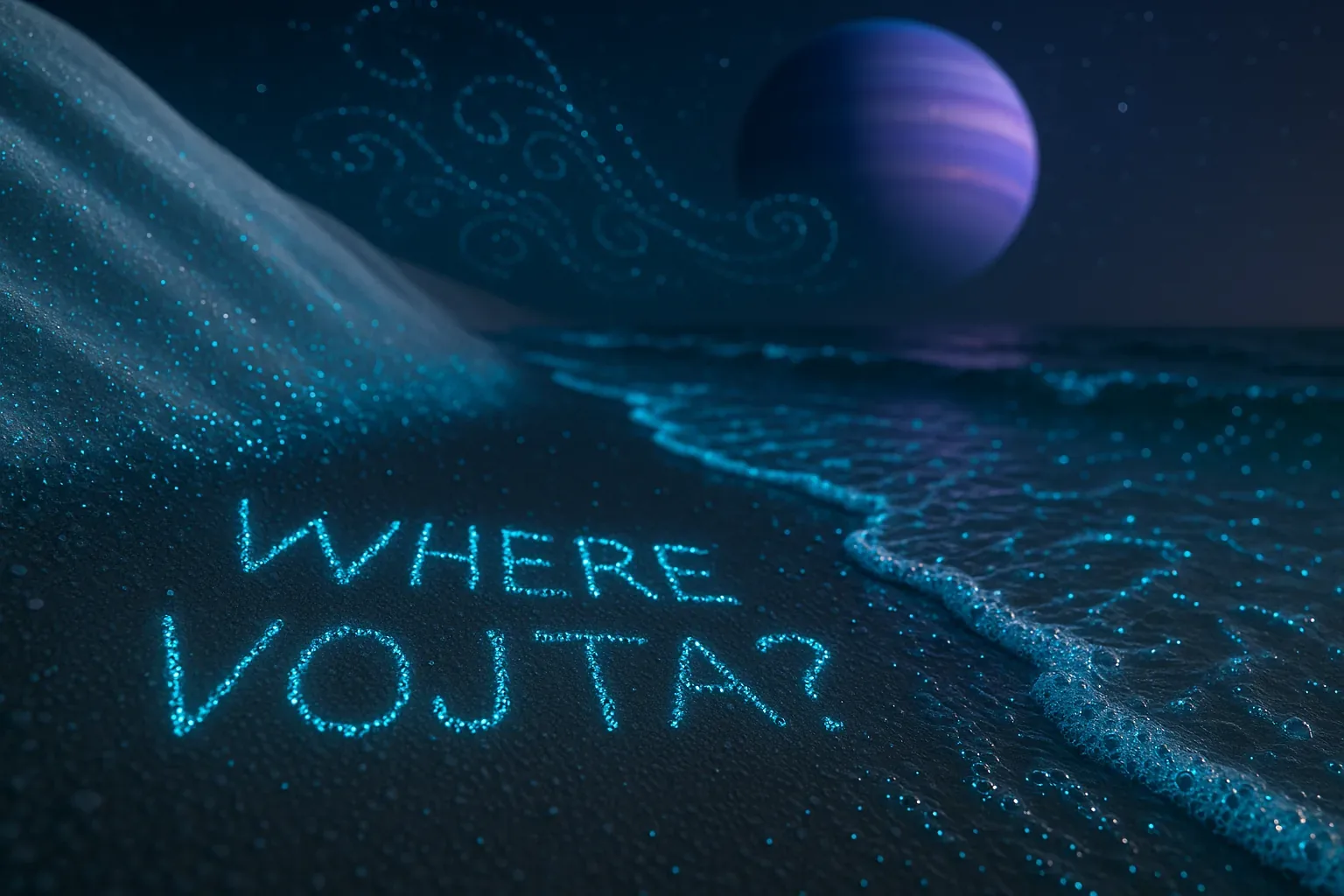 He left no sound when he vanished—only that phrase traced in glowing grains, as if the tide itself had been enlisted to whisper his absence. The sand shimmered with bio-luminescent murmurs, their hues breathing like secrets beneath the low wind, salted and steeped in the scent of unseen blossoms stirred inland. Beyond, a violet planet loomed like a silent interrogator, holding its questions behind rings of cold fire.
I remember him folding the final dossier under his coat hours before dusk, murmuring that messages mattered more when the night carried them. Now these letters, radiant and broken by foam, feel like code unraveling under lunar vigilance. Every ripple writes its own alibi, but none answers. We linger in this tinted hush, chasing the contour of his footprints until water erases even their rumor. Vojta is still unaccounted for, and the tide guards its confidence with silver teeth.