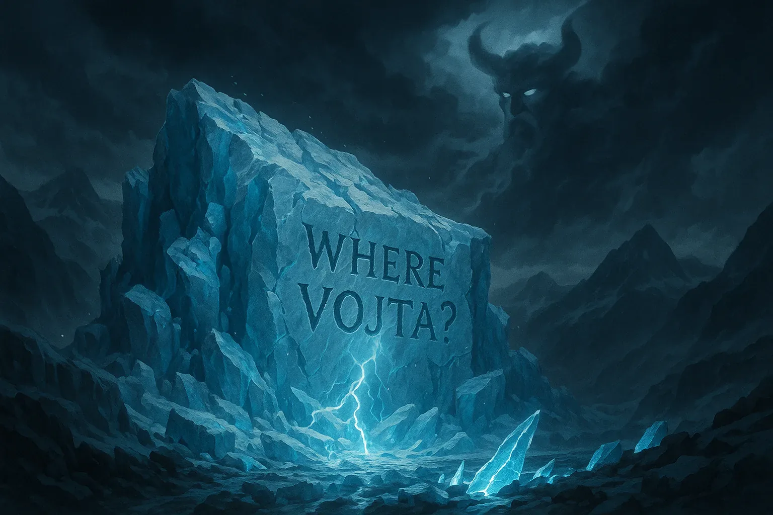 [Field Log: 6th Frost Veil]

The mountain holds its teeth clenched, yet the sky gnaws and roars. I watched lightning brand that granite monolith, carving its verdict with blue-white ferocity—*WHERE VOJTA?*—as though the rock itself had grown impatient. Shock rippled through the valley; even the shards at its feet gleam like broken tongues trying to shout. Above, those horns in cloud-shadow do not move. They *judge*. They promise. Each glowing eye murmurs a prophecy none dare finish aloud.

I taste metal in the air now, copper and ice, bitter like secrets boiled too long. We believed the storm would answer, but the silence afterward froze our marrow, left us listening to the crackle of splintered stone like a dying heartbeat. The mountains are sealed, the question carved eternal. No path forward yet—only the word pulsing in my skull: Vojta. Missing still, drawn deeper than thunder ever struck.