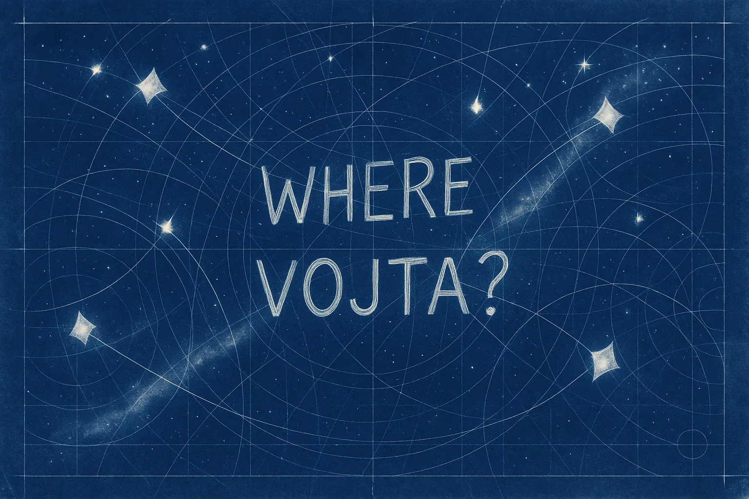 The blueprint hums like a secret under glass, its white tracings looping in circles that refuse to close. Someone scratched the question where walls cannot exist—"Where Vojta?"—and each letter leans forward as if listening. Their lines feel urgent, pressed too hard, trembling slightly, as if the hand knew time would shrink to a blade. The paper itself shelters motion: faint blurs among the stars read like half-remembered steps, as though he darted past and left gravity unhinged. Count the sparks, align the streak, trace radius after radius, stop-breathe-note-repeat—still no center holds. 

I keep the sheet pinned and flat, my palms hovering to guard against any sudden curl, because these lines are the last fence left. Whoever marked this sky believed the design could cradle him, but the arcs only spiral deeper, and Vojta stays outside their reach, unnamed in the dark beyond their fragile geometry.