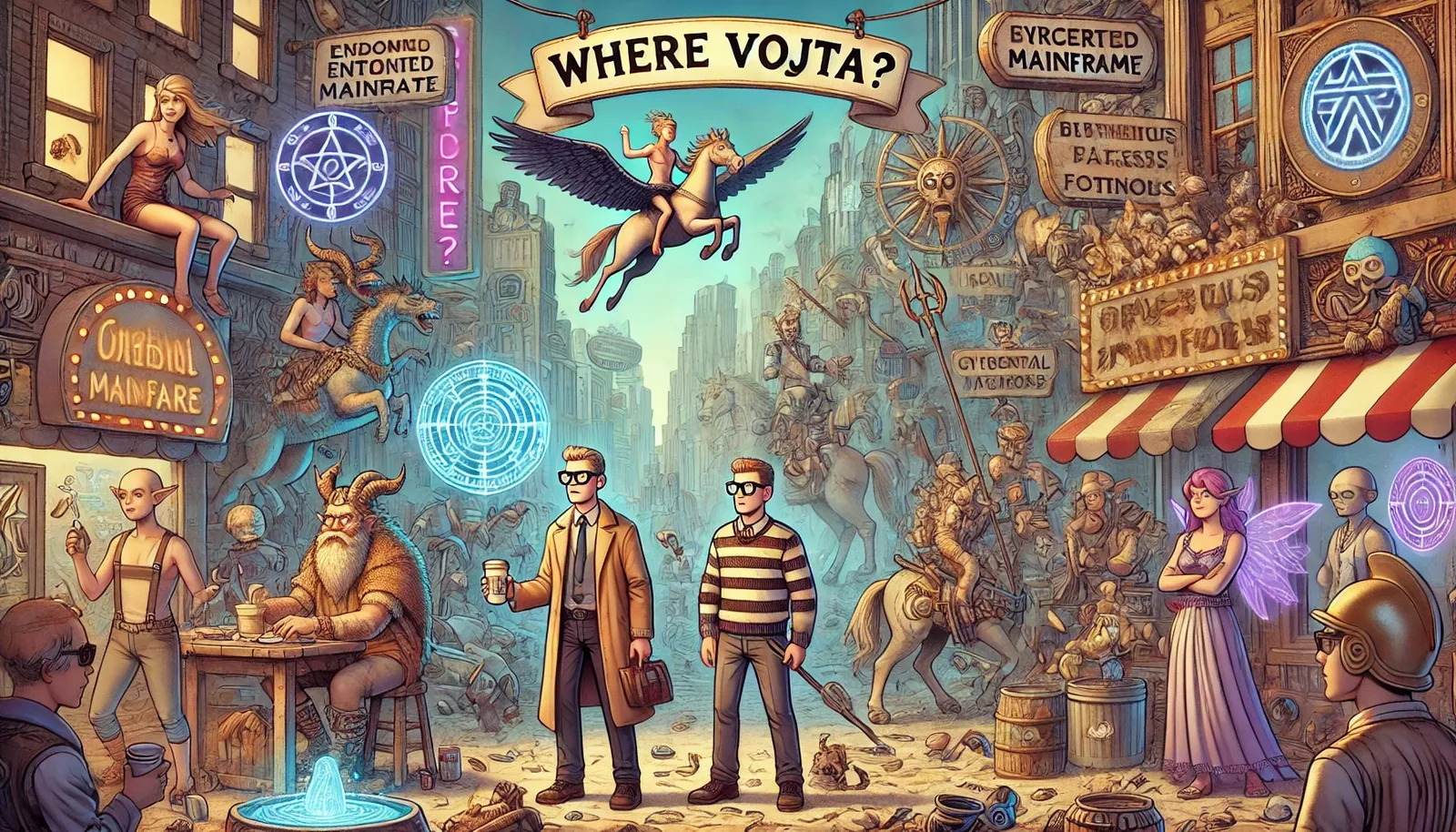 The street pulsed like a split-second before an eclipse, smells of brass and burned sugar lifting from the cobbles. I’d clawed my way from colder alleys into this teeming carnival of glyphs and neon runes, chasing rumors that cracked like gunfire through the crowd. Two men held the axis of it all—a trench coat slicing the grime, a striped sweater tugging at borrowed bravado—standing still while everything else spiraled frenetic. Above them, the winged horse soared in paint and myth, banner arched with a single demand: Where Vojta?

Local whispers insist that when brass automata clatter and fairy wings flare violet, some truth strains toward the surface. Yet every symbol only detours the mind, deeper into mirrored illusions. My ribs hummed from the pressure, boots sinking in discarded gears and brittle bones as the tempo quickened. The legend said you’d know the turning point when silence gathered like a blade—but here, silence never came. Only the throb of signs, the tremor of clocks unseen, and the aching gap where Vojta should have stood.