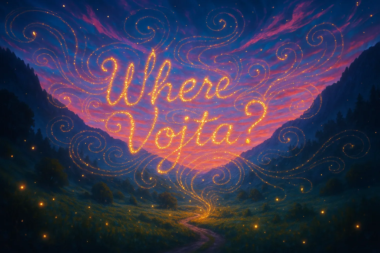A valley folds between dark ridges under purple-pink twilight where the sky itself spells Where Vojta? in a river of golden sparks that spiral into the clouds. A single path winds from the valley mouth and disappears into that glow, its grass freckled with small lights like fireflies. No figure stands on the ridge; absence has weight and the illuminated question hangs like a summons without answer.
Nights of searching have turned the route into a pilgrim's lane, and careful watching shaped the luminous script into a coded plea. The signal reads as clandestine language folded into light, a spiraling summons that tightens the stake of the missing man, yet Vojta remains unfound among the pines and shadows. The valley waits, patient and solemn, its worn way a sacred passage until footsteps or a whisper finally break the silence.