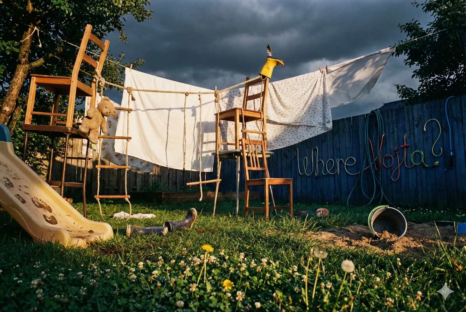 The chairs strain into odd towers, joints flexing like tired sentries while the laundry line shudders between them. Sheets billow, making a soft theater that hides nothing and everything at once. Grass bends under a boot kicked aside in haste, a bucket split and empty as if answers leaked out. The teddy hangs from a rung, rope scratching its neck, facing the fence where wire spells the question no one wants to voice too loudly: Where Vojta?
Light breaks low and angled, painting long bars across the slide and the blue boards, as though someone is counting time with shadows. The sky presses dark above, promising weather or witnesses. This place feels practiced, rehearsed by hands that stacked chairs into lookout posts, that tied knots meant to hold. A child once climbed here; now only absence moves. Someone off to the side whispers, “He said he’d be back before the sheets dried.” The grass listens. The fence keeps silent, and Vojta remains unaccounted for.