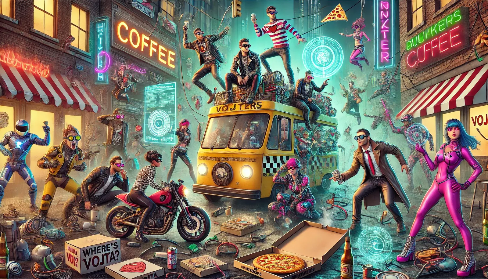 They erupted from the alleys like sparks fleeing a struck flint, orbiting the yellow van crowned with speakers and dusted with longing. Neon words bled from the brick facades—Coffee, Monster, Duikers—as though the city itself whispered incantations to keep the night suspended mid-breath. The air shimmered with floating glyphs, arcs of phantom blue, while a slice of pizza sailed calmly above the fray as though gravity had agreed to pause the argument.

Around open pizza boxes where the plea—*Where’s Vojta?*—lay scrawled, their restless ballet continued: chrome-visored figures lunged, a rider poised on a crimson motorcycle braced for some unseen cue, and pink-suited dreamers pirouetted through projected circles of light. It felt almost sacred, this chaos, a ritual to hold memory in place while time lurked beyond the mist. They chant with their bodies, every leap and lunge spelling absence brighter than the neon burn. And still, even now, Vojta does not answer.